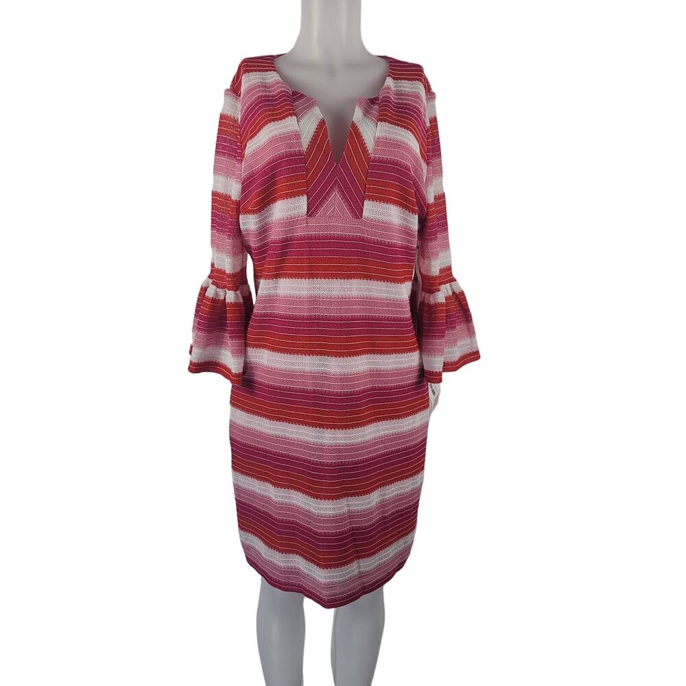 Trina Trina Turk Womens Stripe Knit Shift Dress Bell Sleeves 12